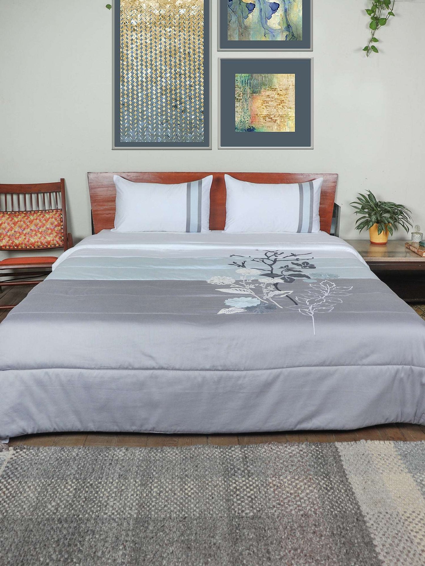 Grey blue colored embroidered bed quilt /comforter with 2 matching pillow covers made from polyester front and cotton backed quilt for king size double bed 