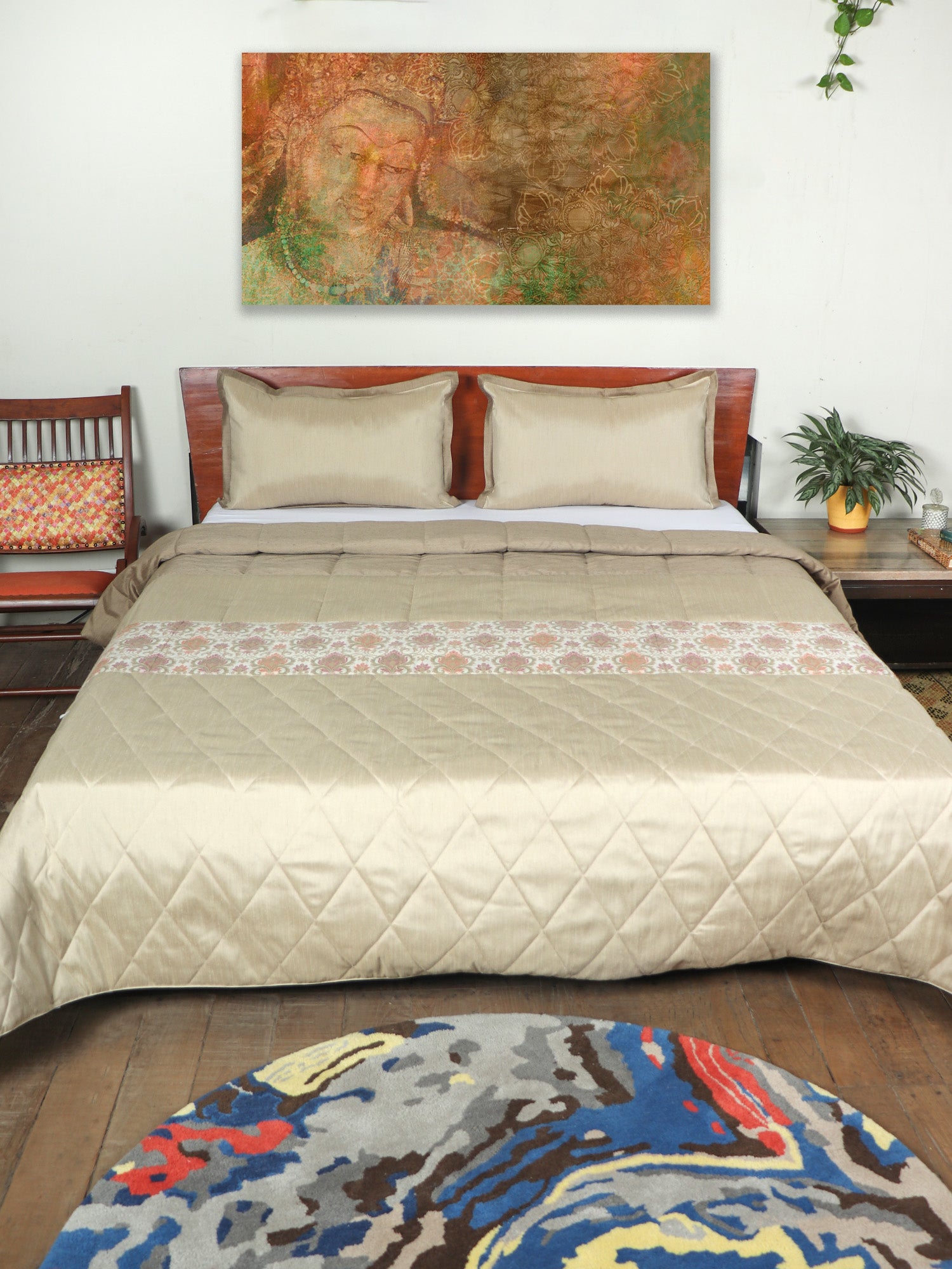 Quilt for Double Bed King Size | Square and Diamond Quilting with Brocade Silk Patch | AC Comfortor/Blanket/Duvet | Polyester Blend - Golden Beige | 108x108+17x27 inches (274x274 cms)