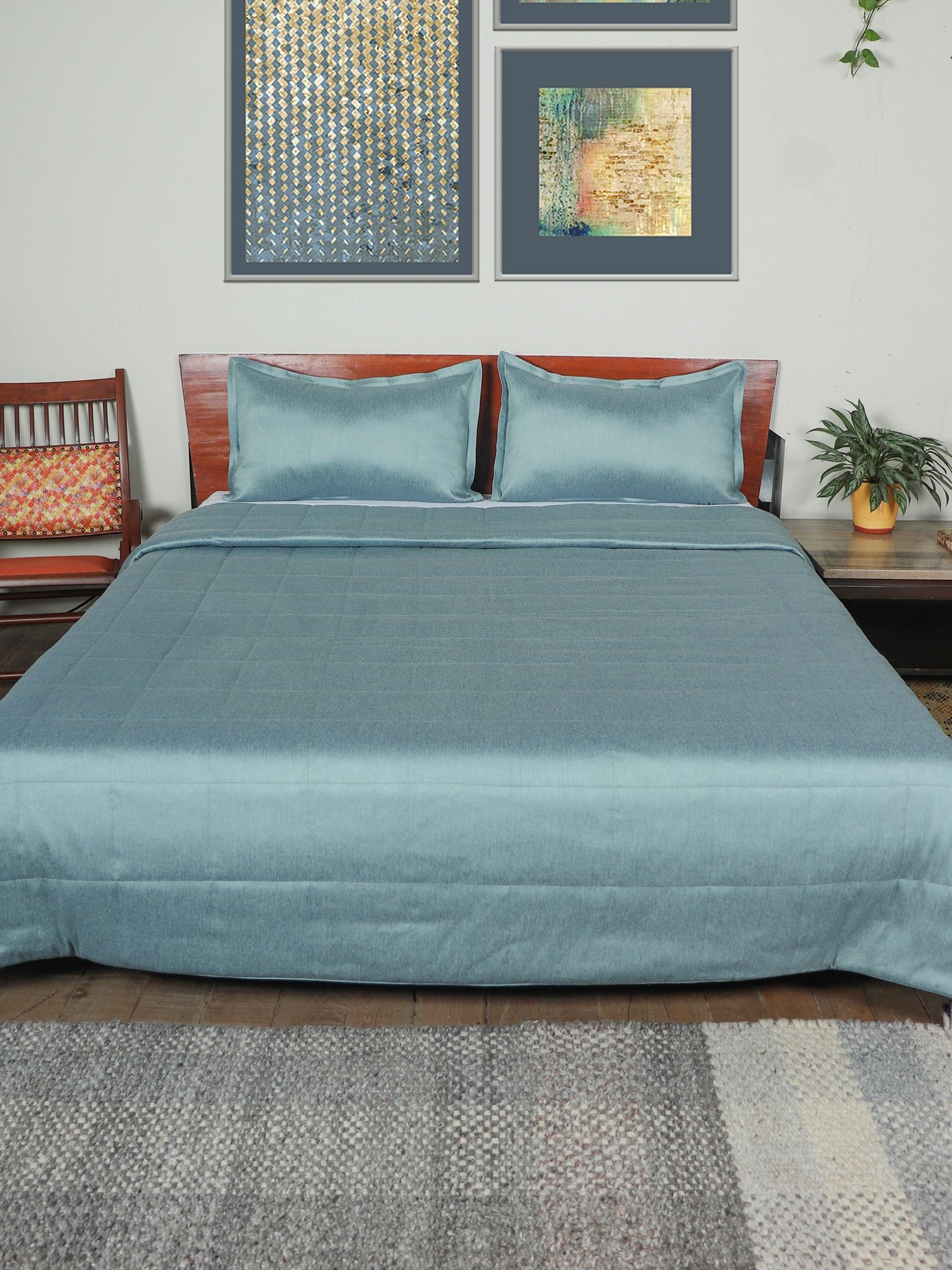 Quilt for Double Bed King Size | Self Square Quilted | AC Comfortor/Blanket/Duvet | Polyester with 100% Cotton 300TC Backing Fabric - Teal BLue | 90x108+17x27 inches (228x274 cms)