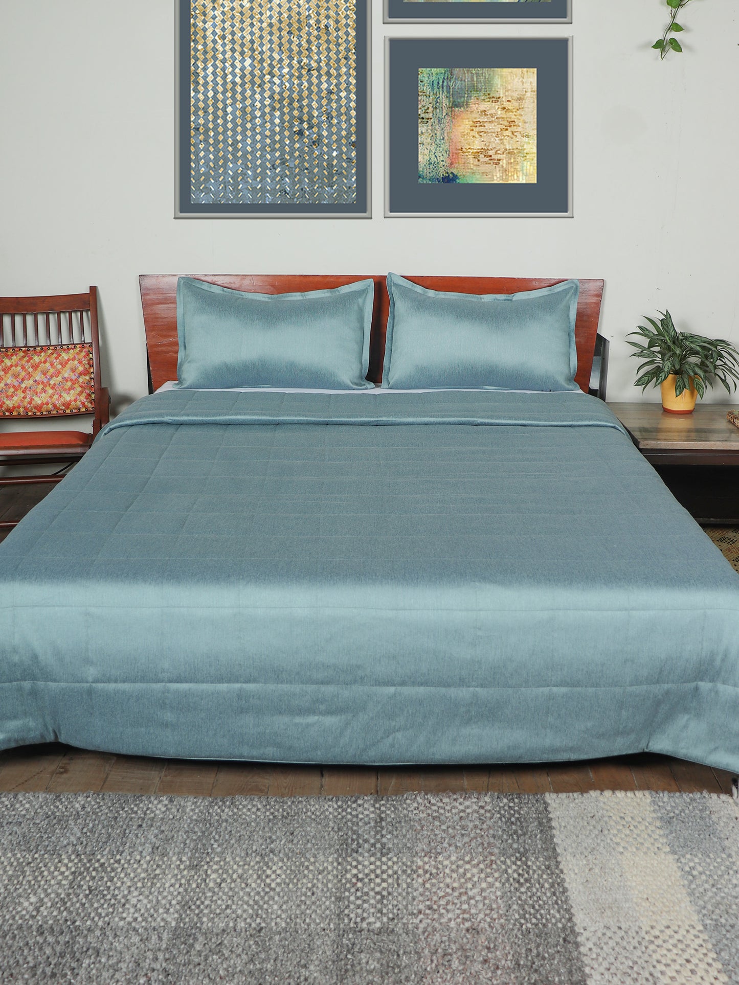 Quilt for Double Bed King Size | Self Square Quilted | AC Comfortor/Blanket/Duvet | Polyester with 100% Cotton 300TC Backing Fabric - Teal BLue | 90x108+17x27 inches (228x274 cms)