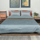 Blue colored bed quilt /comforter with patchwork and embroidery along with 2 matching pillow covers made from polyester front and cotton backed quilt for king size double bed 