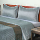Blue colored bed quilt /comforter with patchwork and embroidery along with 2 matching pillow covers made from polyester front and cotton backed quilt for king size double bed 