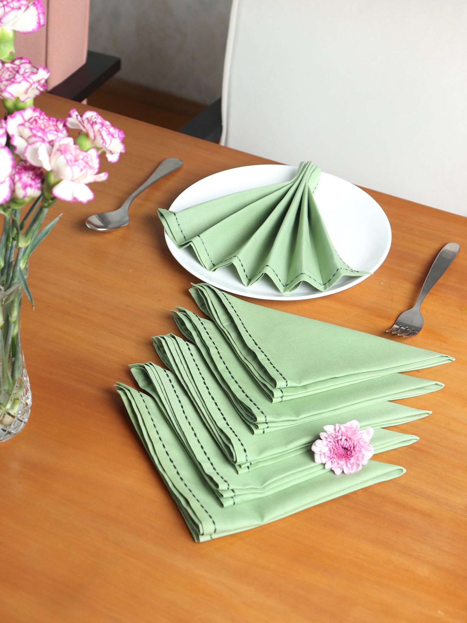 Dinner Napkins 6pcs Set Cotton, Embroidered Chawal Taka Napkins for Dinner table Olive Green - 16"x16" 