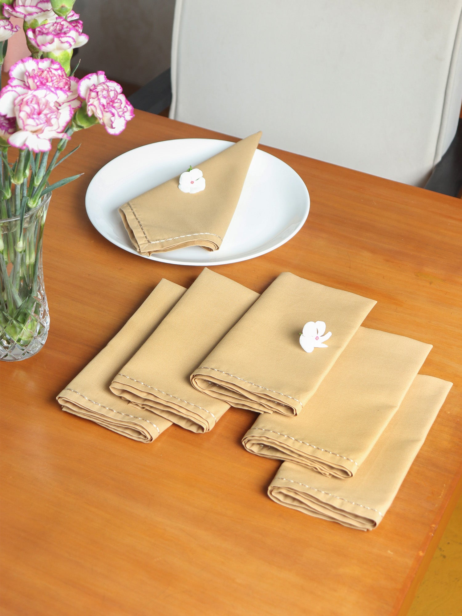 Dinner Napkins 6pcs Set Cotton, Embroidered Chawal Taka Napkins for Dinner Table Beige - 16"x16" 