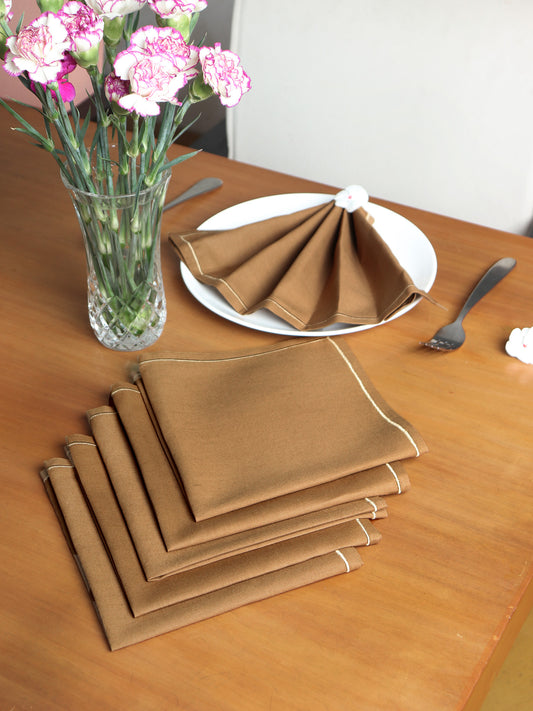 Dinner Napkins 6pcs Set Cotton, Embroidered  Napkins for Dinner table Golden Brown - 16"x16"