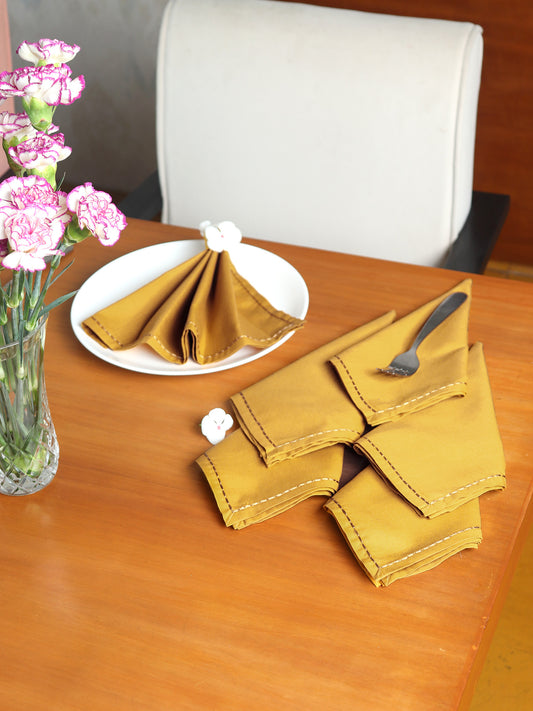 chawal taka hand embroidered set of 6 dinner napkins in mustard color - 16x16 inch
