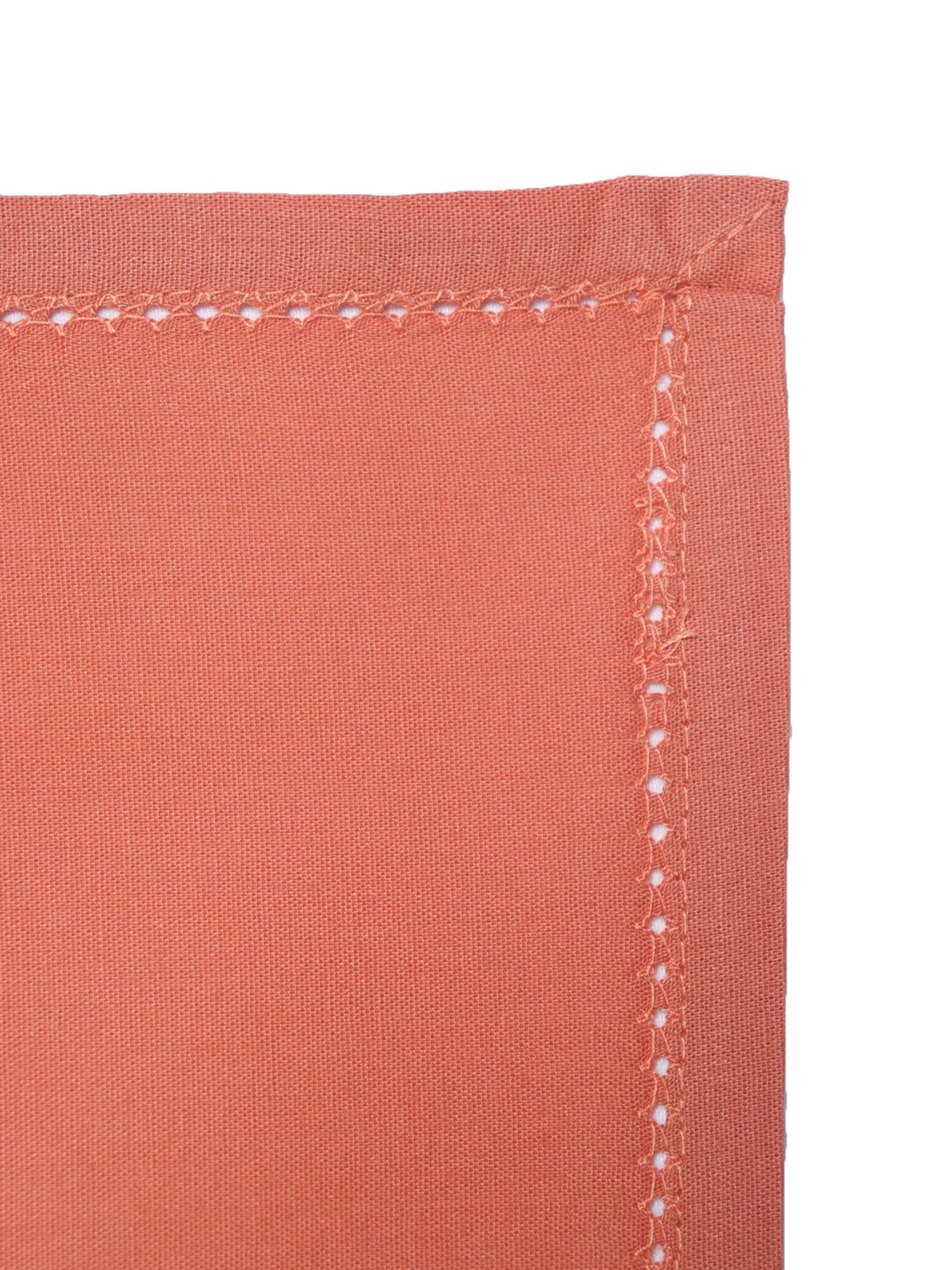 closeup of fagotting embroidered set of 6 dinner napkins in dark coral pink color - 16x16 inch