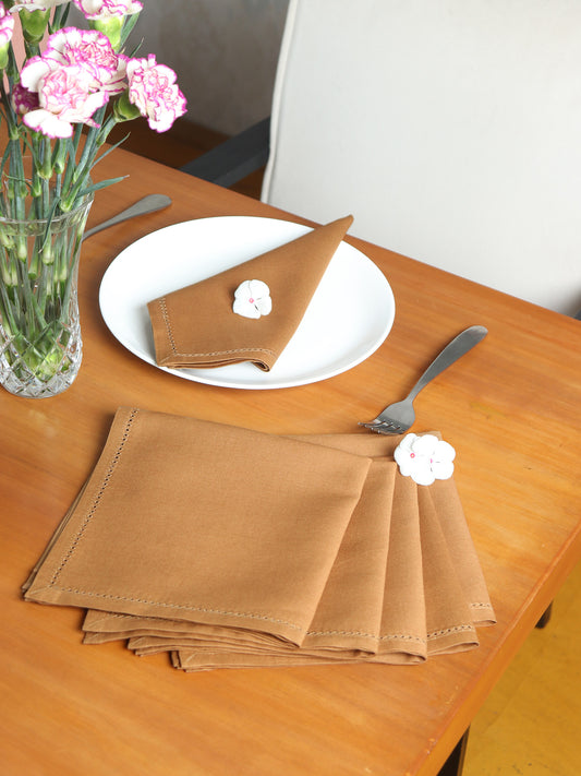 fagotting embroidered set of 6 dinner napkins in golden brown color - 16x16 inch