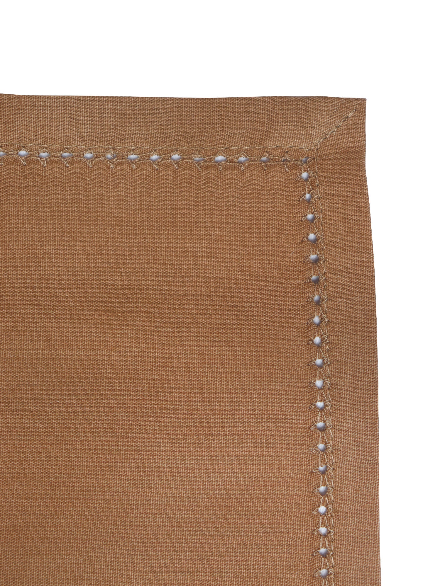 closeup of fagotting embroidered set of 6 dinner napkins in golden brown color - 16x16 inch