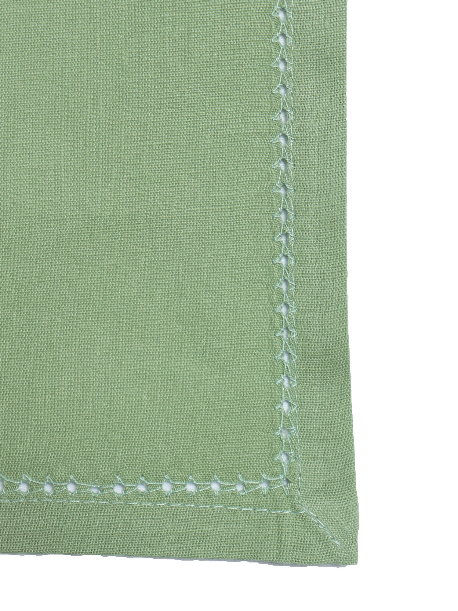 closeup of fagotting embroidered set of 6 dinner napkins in olive green color - 16x16 inch