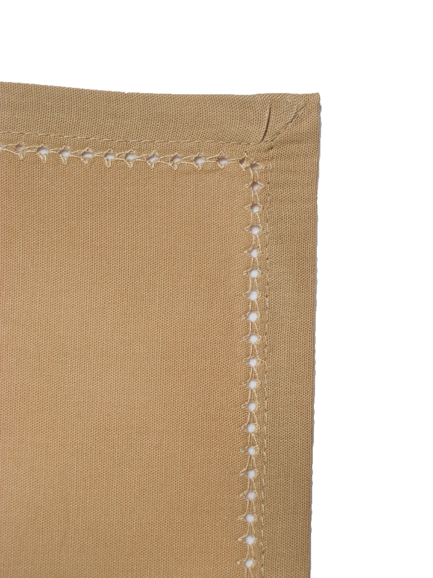 closeup of fagotting embroidered set of 6 dinner napkins in beige color - 16x16 inch