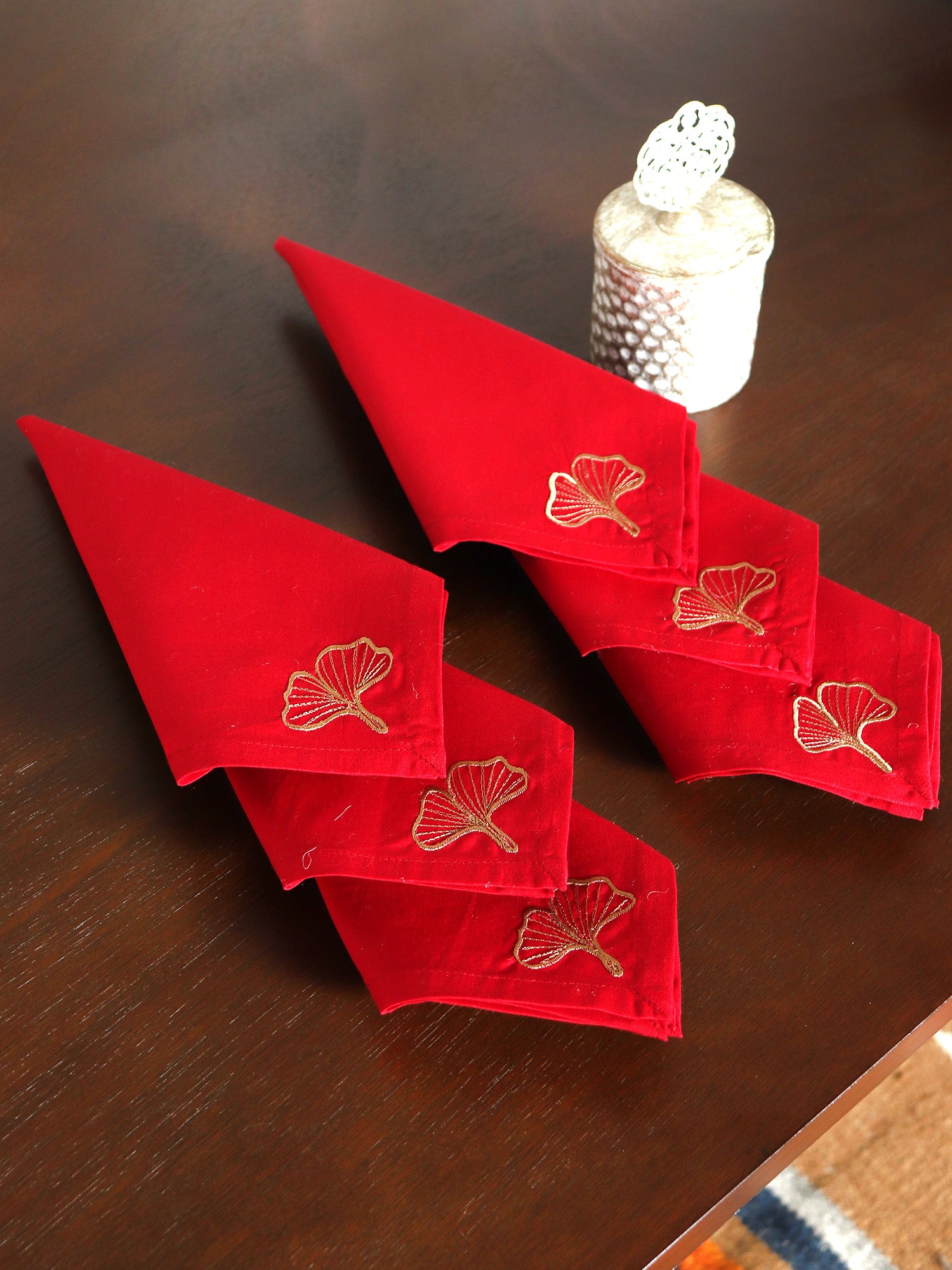 Dinner Napkins Set of 6 Cotton, Leaf Embroidered - Red Gold - 16x16 inches