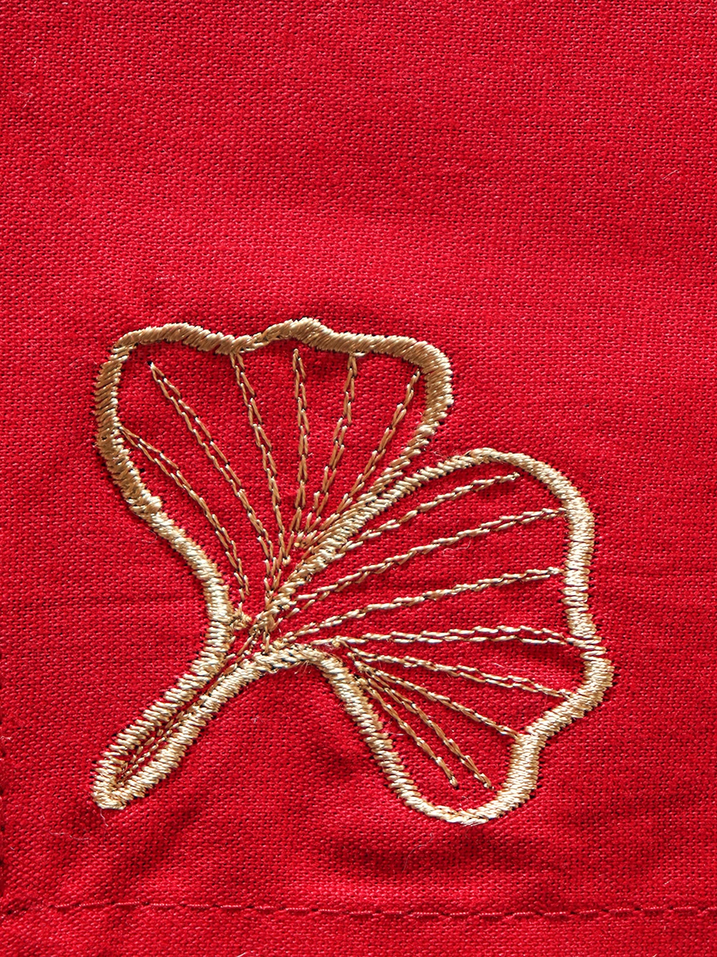 closeup of leaf embroidered set of 6 dinner napkins cotton red color - 16x16 inch
