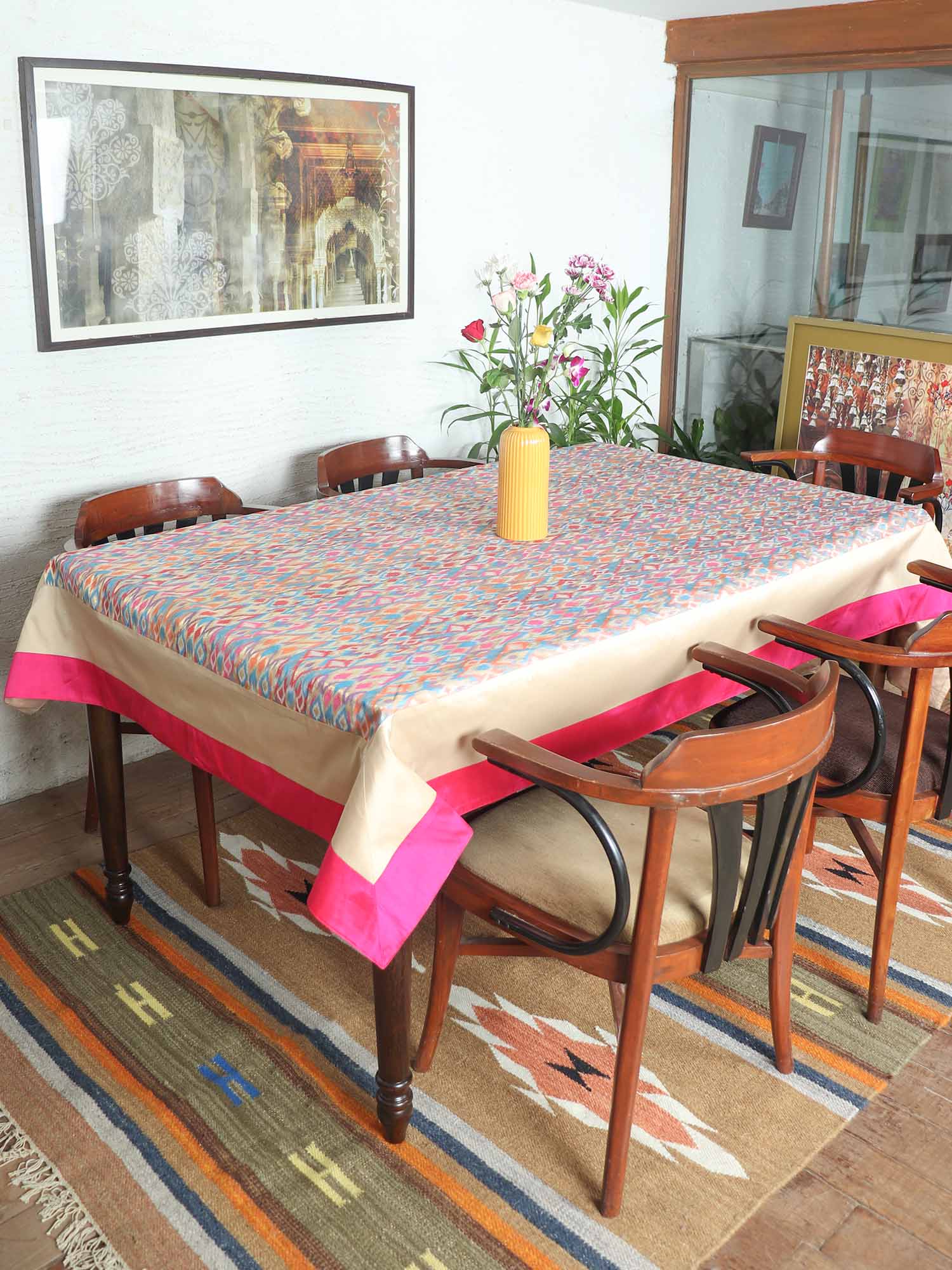 Table Cover Ikat Pattern with Flange Stich | Banarasi Brocade Silk | Pink - 52in x 84in