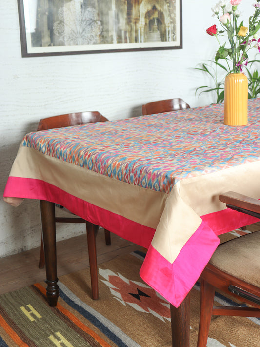 Pink colored benarasi brocade silk table cover with panel border for 6 seater table 52x84 inches