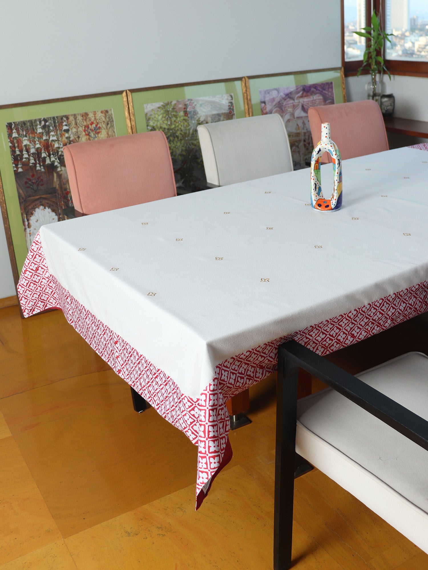 Table Cover Embroidered and Border Patchwork | Cotton Blend - Red and White | Heat Resistant Table Cover for Kitchen Table/Dining Table Cloth, 52 X 84 Inches; 130 cm X 210 cm 
