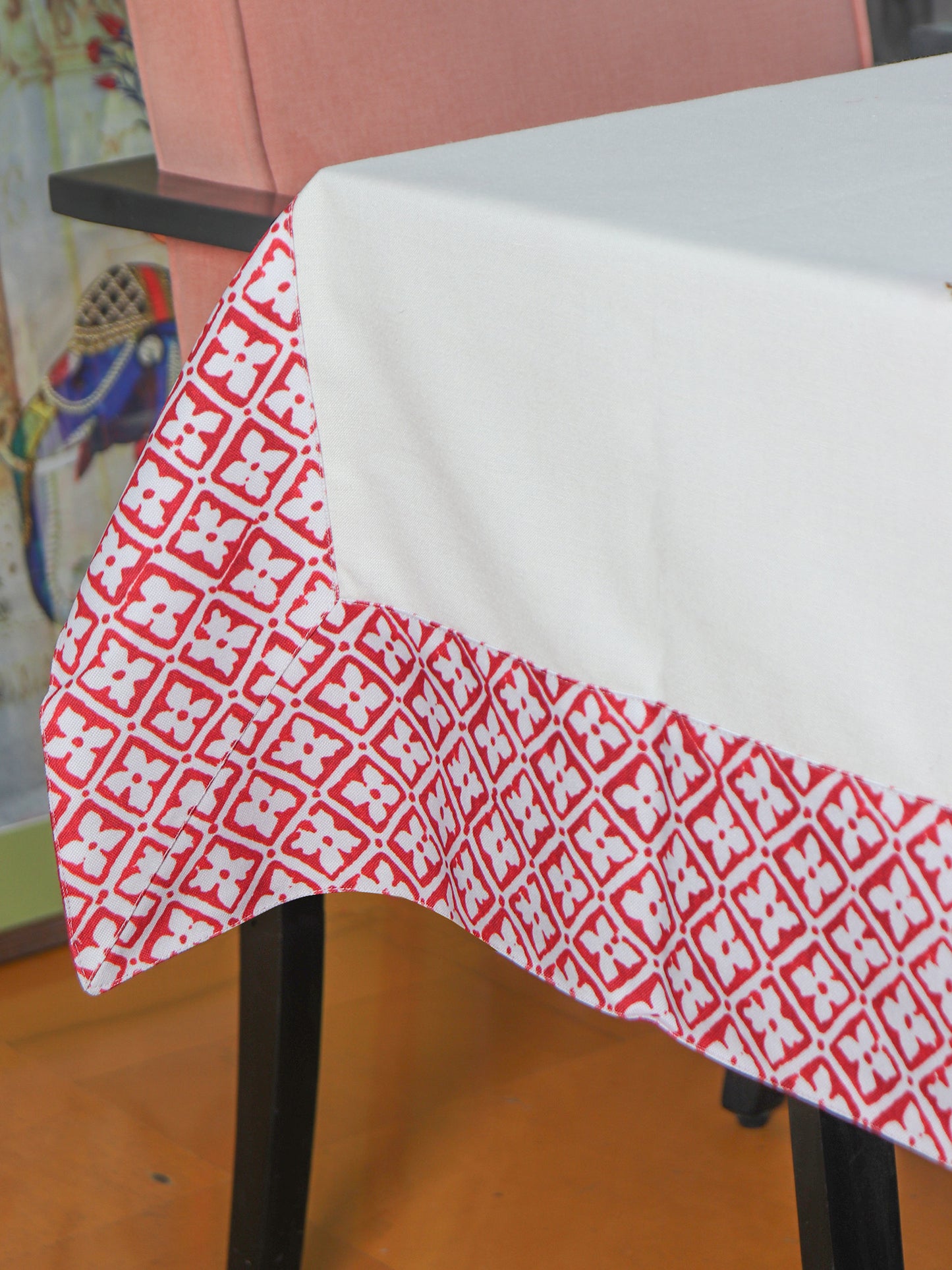 Table Cover Embroidered and Border Patchwork | Cotton Blend - Red and White | Heat Resistant Table Cover for Kitchen Table/Dining Table Cloth, 52 X 84 Inches; 130 cm X 210 cm