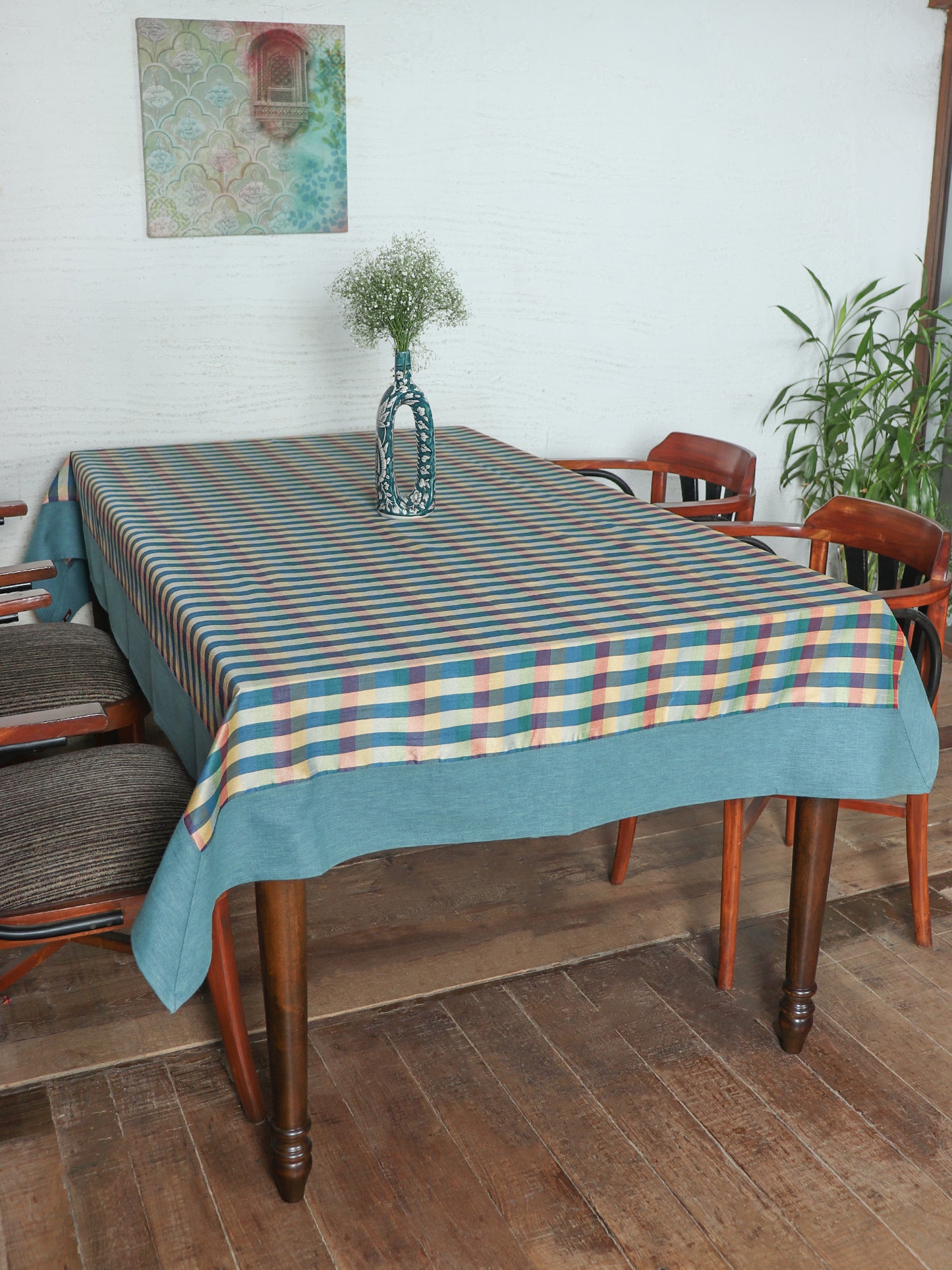 Table Cover with Patchwork Border | Checkered Brocade Silk - Blue | Heat Resistant Table Cover for Kitchen Table/Dining Table Cloth, 52 X 84 Inches; 130 cm X 210 cm
