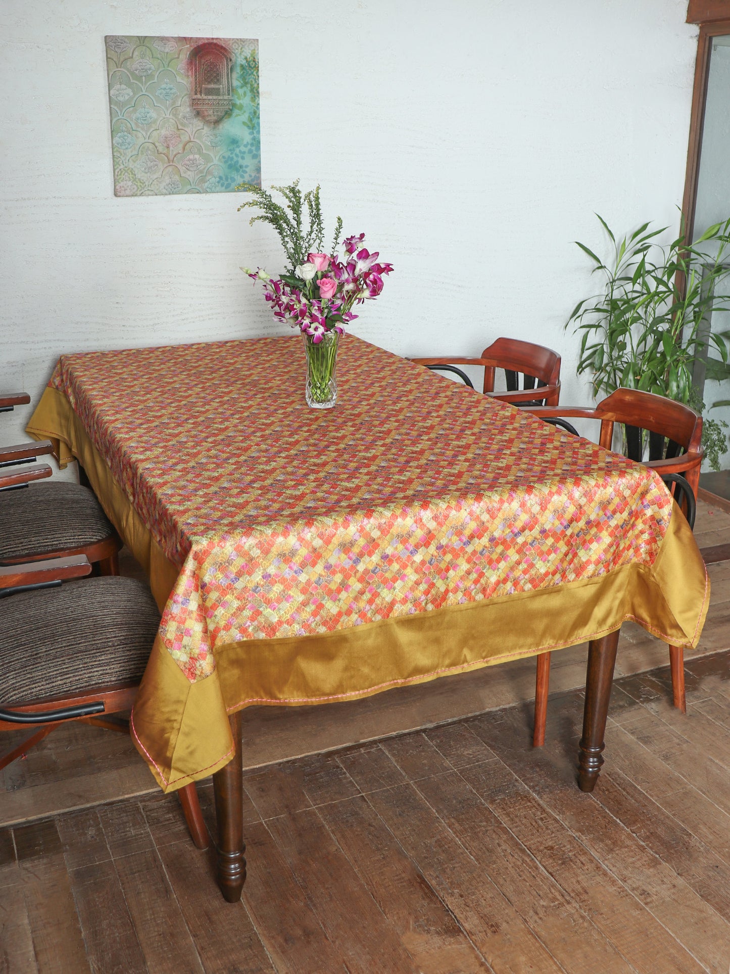 red and gold colored benarasi brocade silk table cover with panel border for 6 seater table 52x84 inches