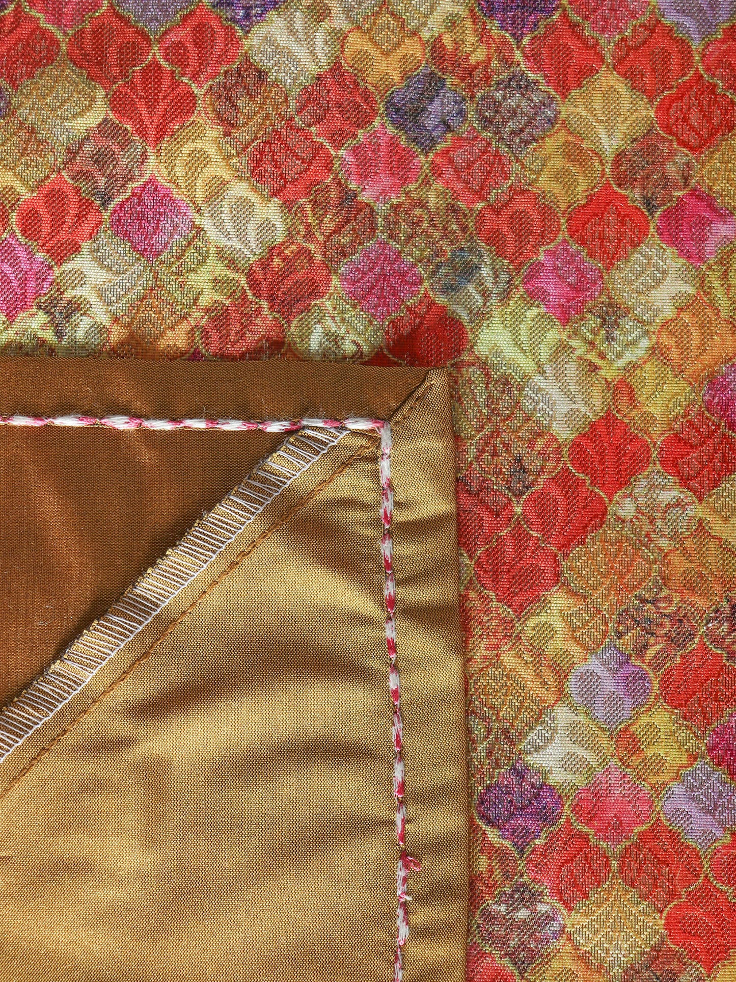 red and gold colored benarasi brocade silk table cover with panel border for 6 seater table 52x84 inches