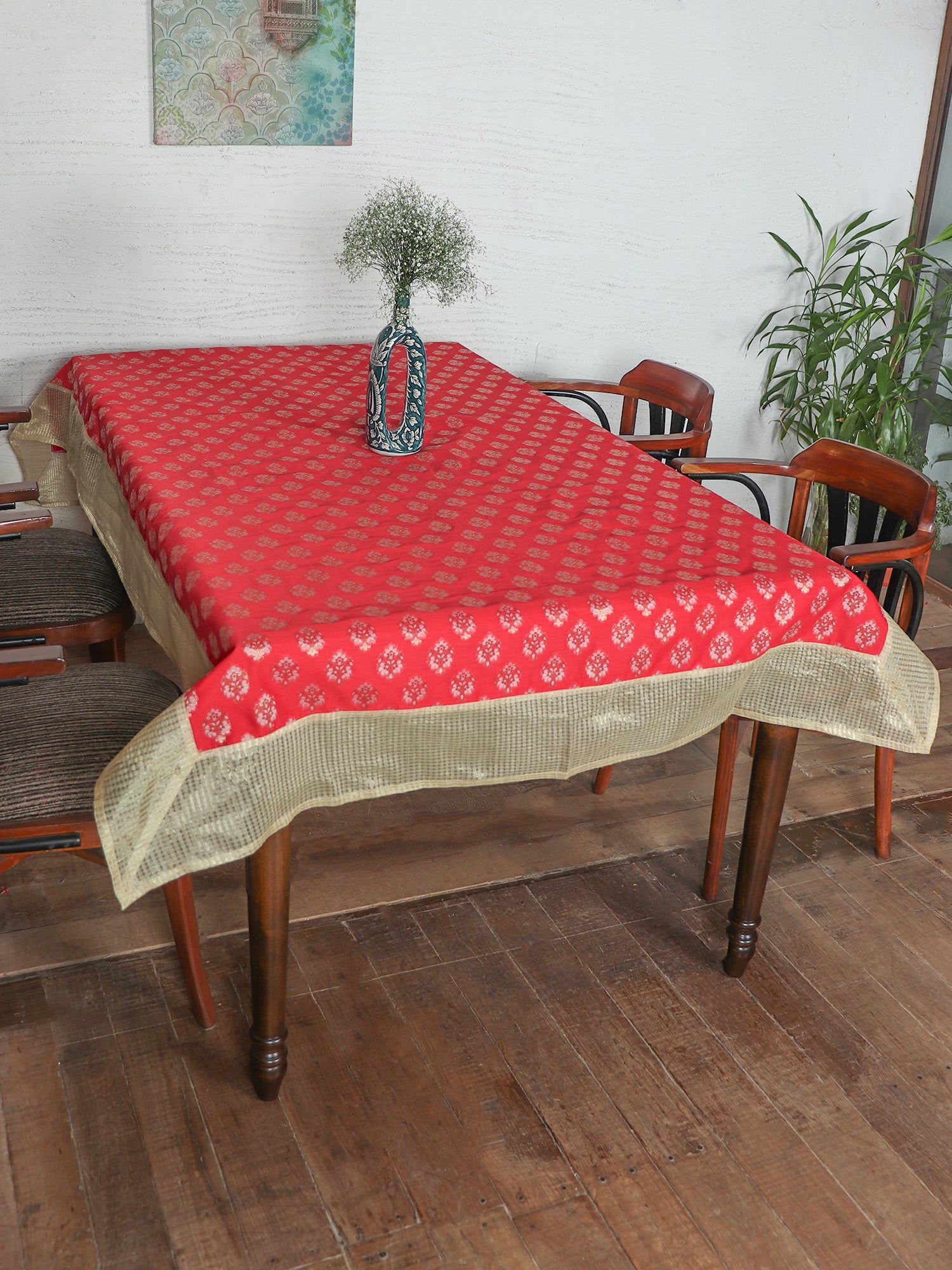 Table Cover Motif with Self Textured  Brocade Silk and Border Patchwork | Red and Gold | Heat Resistant Table Cover for Kitchen Table/Dining Table Cloth, 52 X 84 Inches; 130 cm X 210 cm 