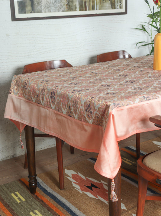 Rose Gold Colored benarasi Brocade Silk Table cover with panel border and hand braided Tassels for 6 seater table 52x84 inches