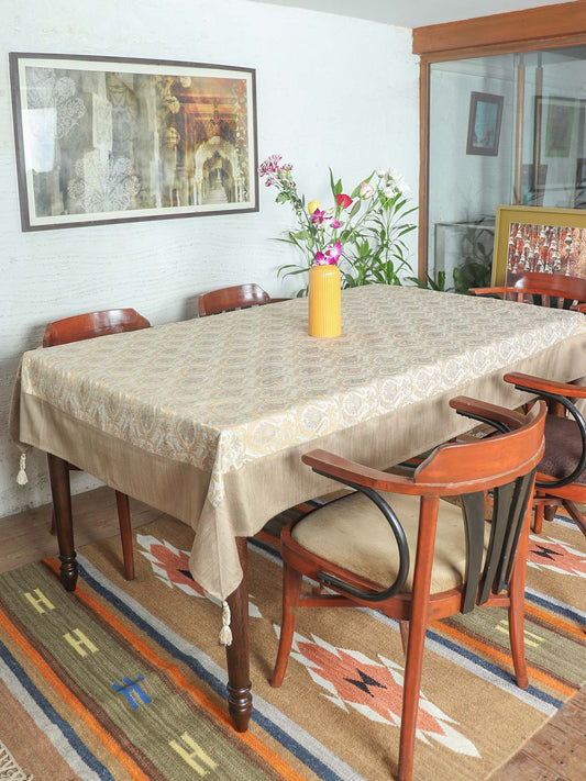 Golden colored benarasi Brocade Silk Table cover with panel border and tassles for 6 seater table 52x84 inches