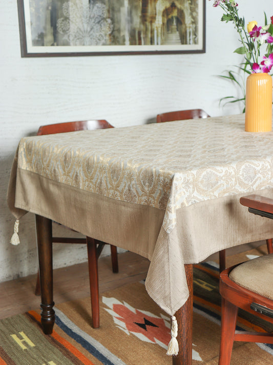 Golden colored benarasi Brocade Silk Table cover with panel border and tassles for 6 seater table 52x84 inches