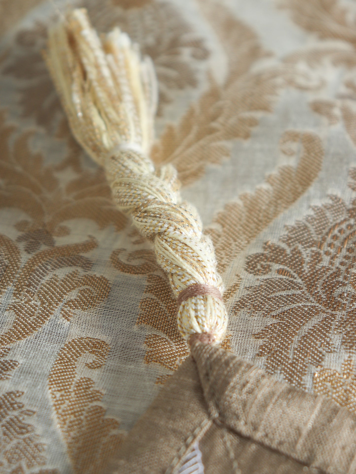 Golden colored benarasi Brocade Silk Table cover with panel border and tassles for 6 seater table 52x84 inches