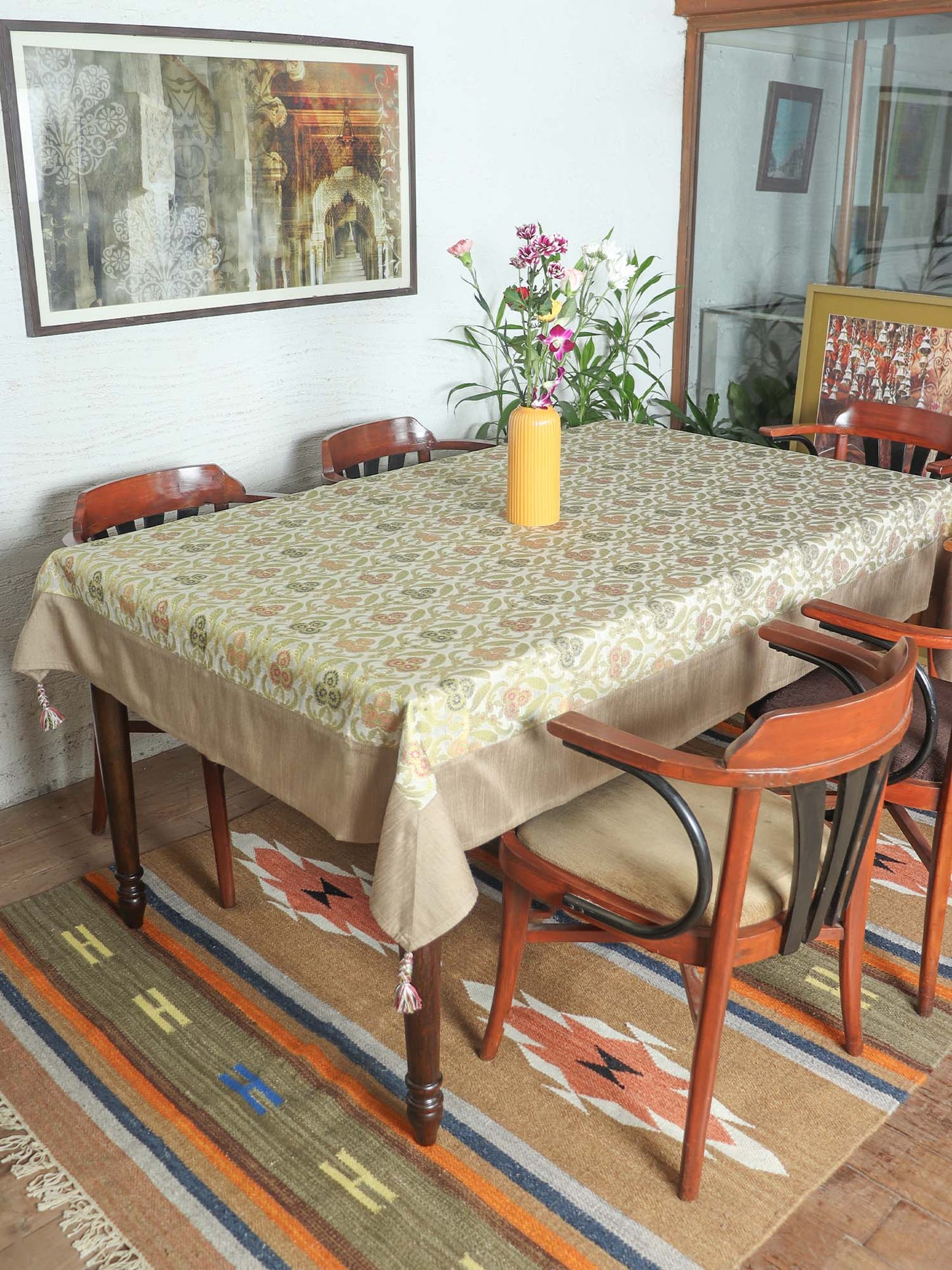 Gold Colored benarasi Brocade Silk floral Table cover with panel border and hand braided Tassels for 6 seater table 52x84 inches