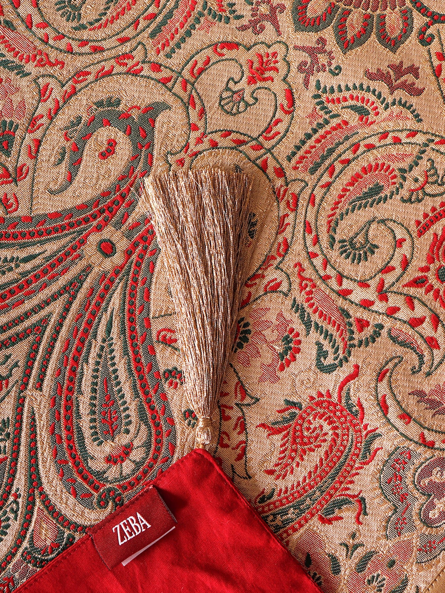 Brocade Table Cover with Self Textured Pattern with Golden/Red Border with Golden Tassels - 52in x 84in