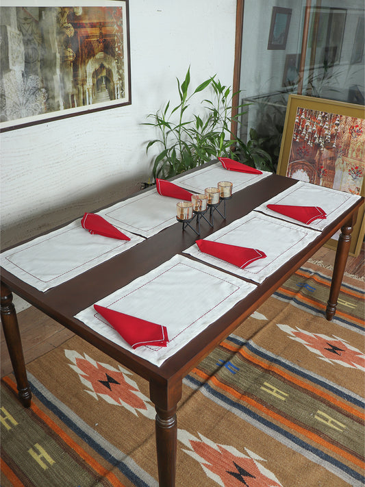 embroidered dinner table placemats and embroidered napkins in white and red contrast - 13x19 inch 