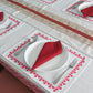 Printed Placemat/Tablemats and Napkins Set | Dinner Table Mats/Napkins | Cotton Blend - White and Red | Set of 6 Mats 13x18 in & Set of 6 Dining Napkins 16x16in | (33x48 cms, 40x40 cms)