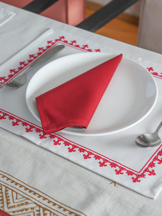 Printed Placemat/Tablemats and Napkins Set | Dinner Table Mats/Napkins | Cotton Blend - White and Red | Set of 6 Mats 13x18 in & Set of 6 Dining Napkins 16x16in | (33x48 cms, 40x40 cms)