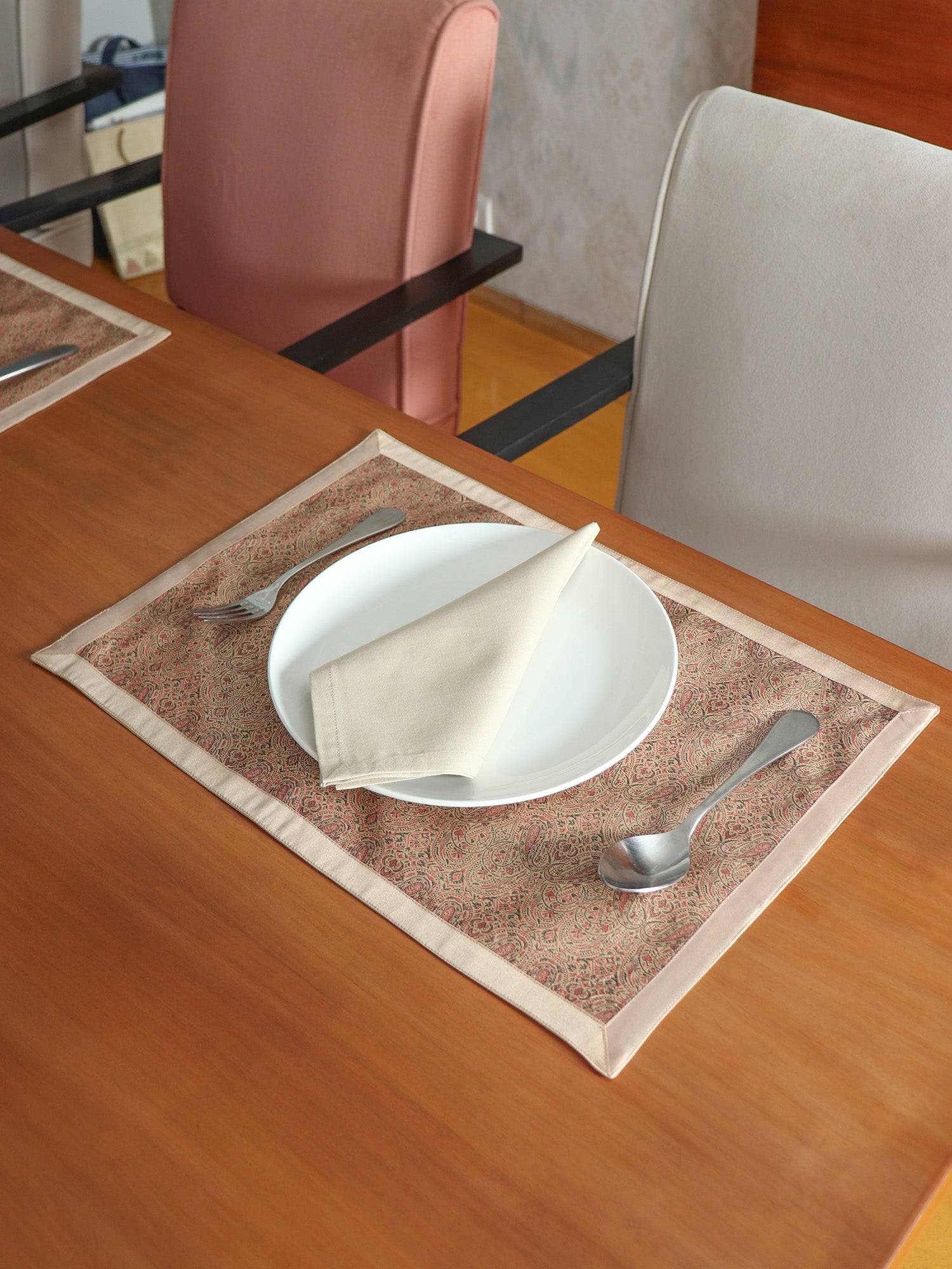 Brocade Silk Tablemats and Napkins Set | Golden Beige | Set of 6 Mats 13x19 in & Set of 6 Dining Napkins 16x16in
