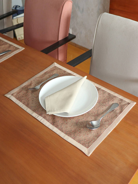Brocade Silk Placemat/Tablemats and Napkins Set | Dinner Table Mats/Napkins | Golden Beige | Set of 6 Mats 13x19 in & Set of 6 Dining Napkins 16x16in | (33x48 cms, 40x40 cms)
