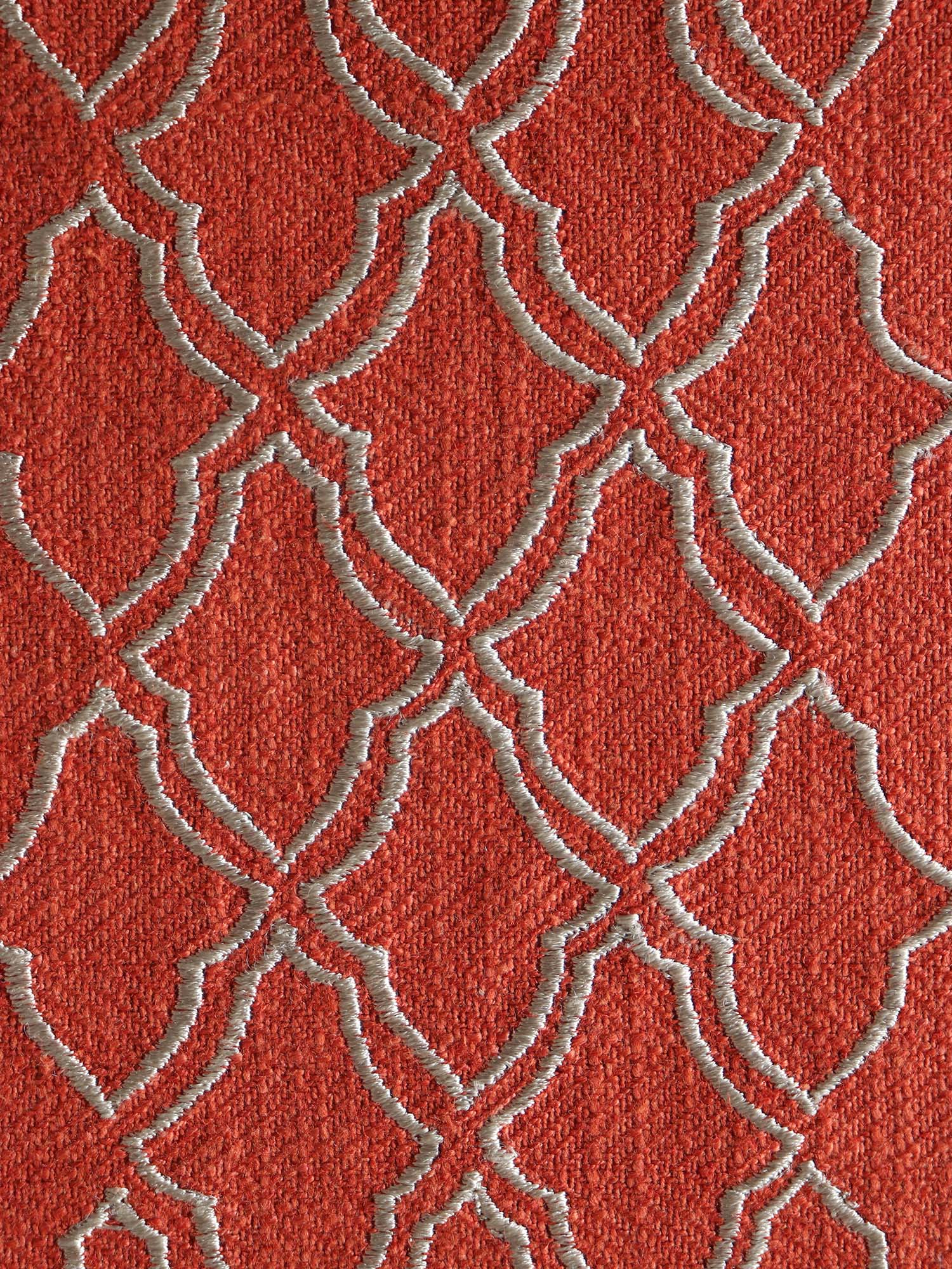 closeup of embroidered dinner table placemats in rust and beige contrast colors - 13x19 inch 