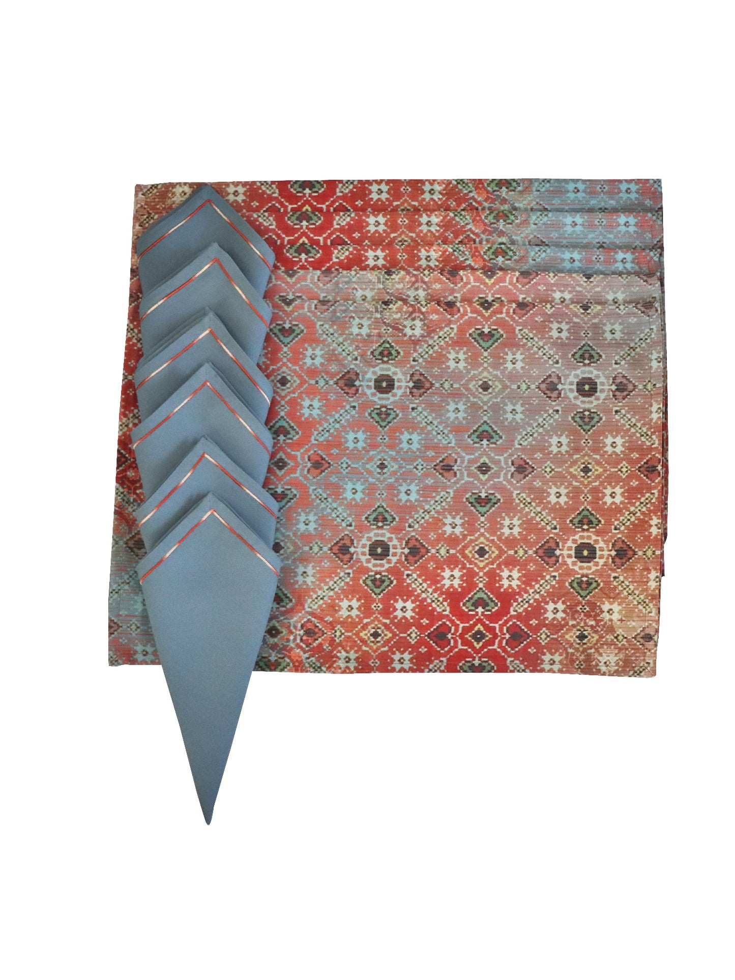 Printed Placemat/Tablemats and Napkins Set Polycanvas - Multi Colour Set of 6 Mats 13x19 in & 6 Napkins 16x16in (33x48 cms, 40x40 cms)