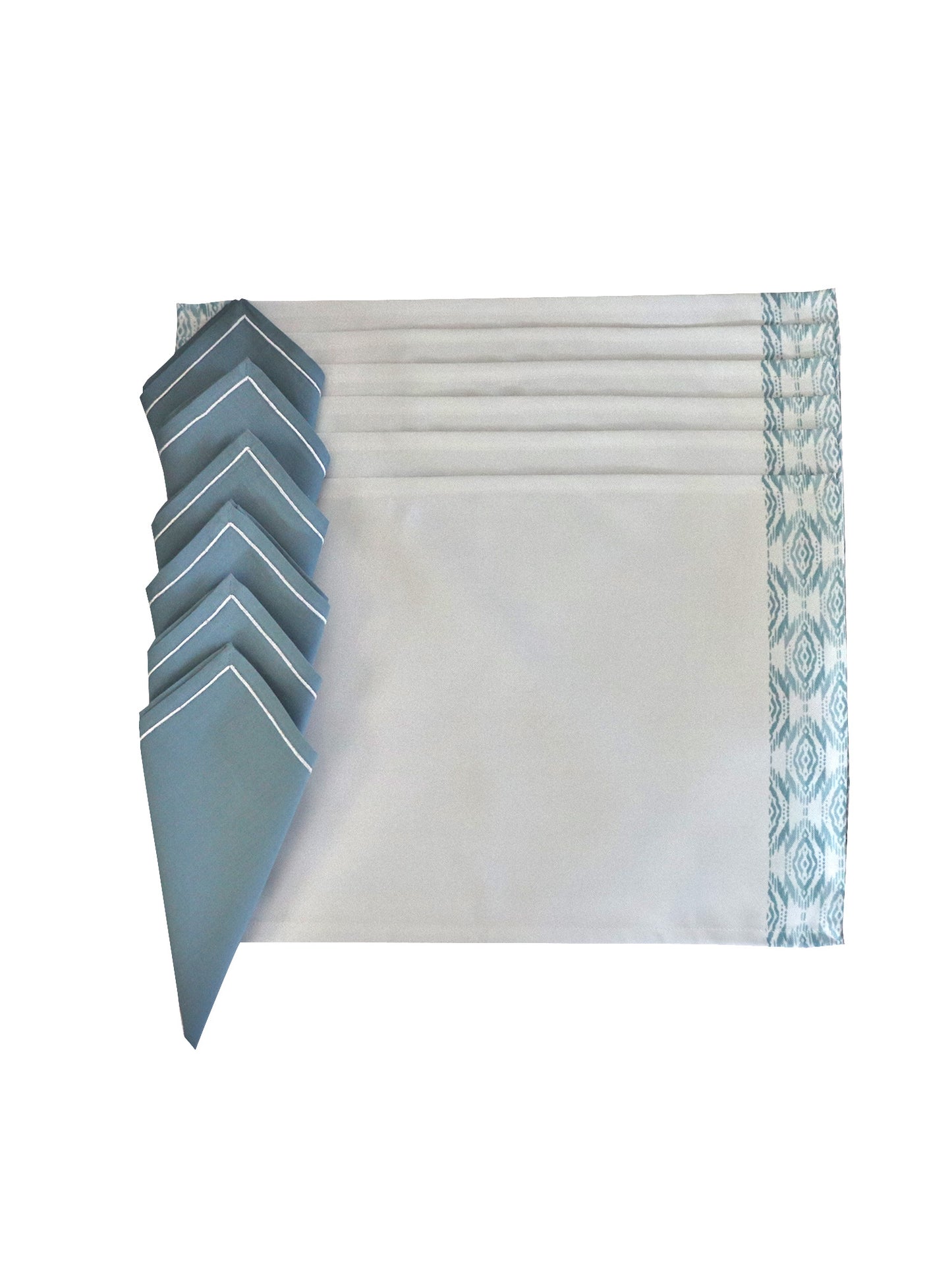 printed dinner placemats with embroidered napkins in light blue , set of 6 each - 13x19 inch