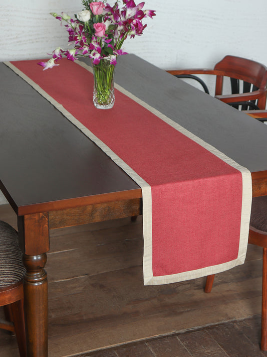 Textured Table Runner with Flange Border | Red and Gold | 4 Seater / 6 Seater Table Runner Cloth, Table Runner for Living Room, Dining Table Runner- 30 cms x 210 cms; 12 inches x 84 inches.