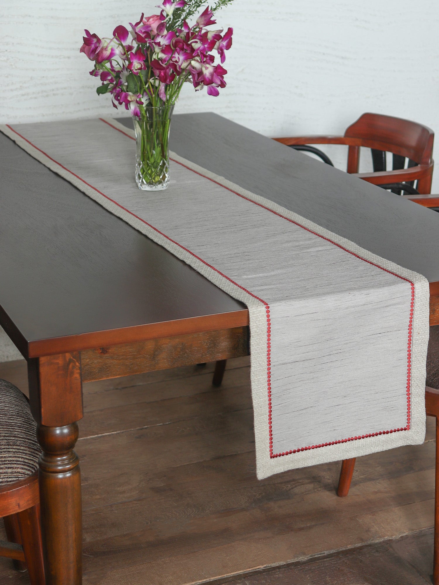Table Runner Cotton Blend with Dotted Embroidery & Flange Border | Grey 12in X 84in