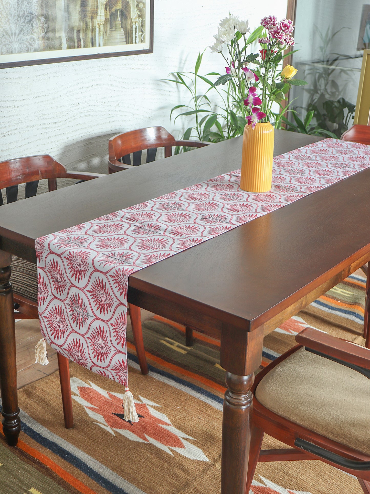 hand embroidered maroon table runner  with tassels for 6 seater dining table - 12x84 inch