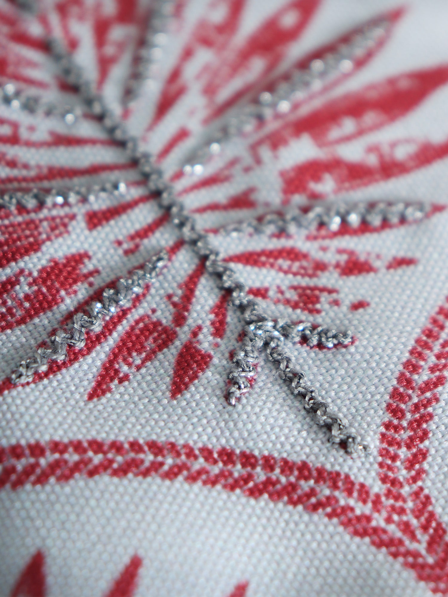 closeup of hand embroidered table runner with tassels - 12x84 inch