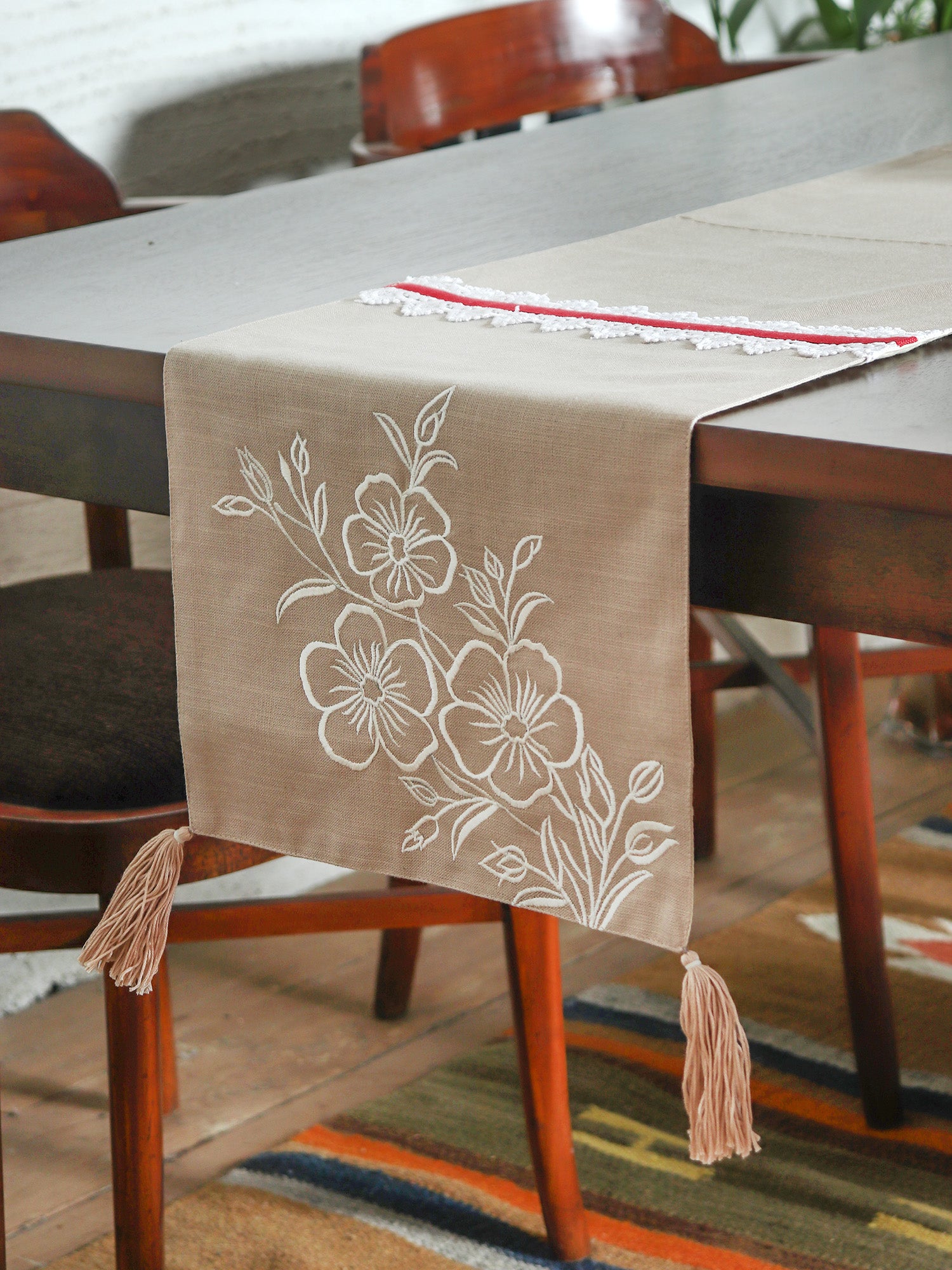beige table runner with floral embroidery with lace and tassels for 6 seater dining table - 12x84 inch