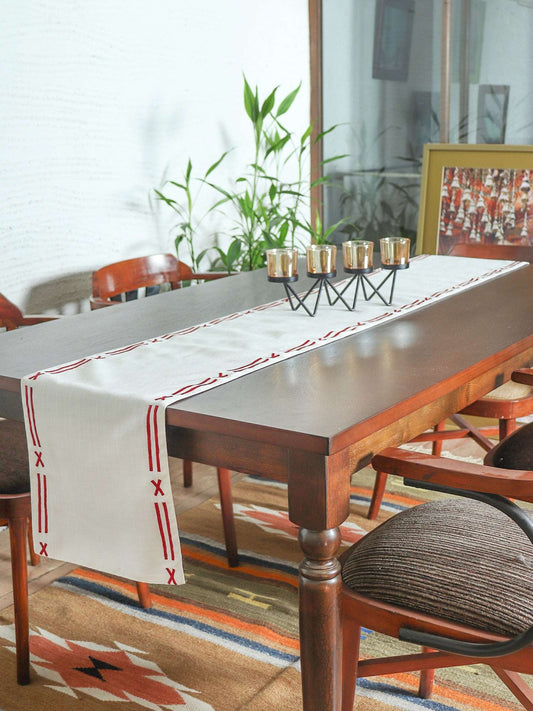 red embroidered classic white table runner for 6 seater dining table - 12x84 inches