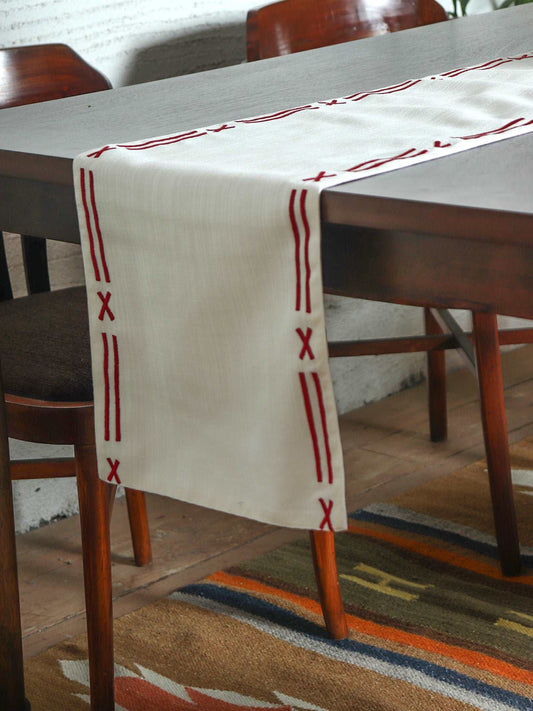 red embroidered classic white table runner for 6 seater dining table - 12x84 inches