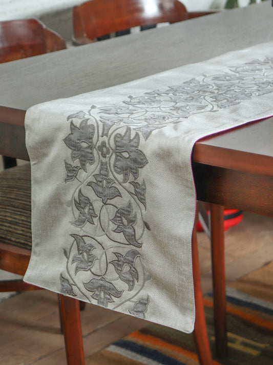 Grey table runner with floral embroidery with hand crafted applique design - 12x84 inch