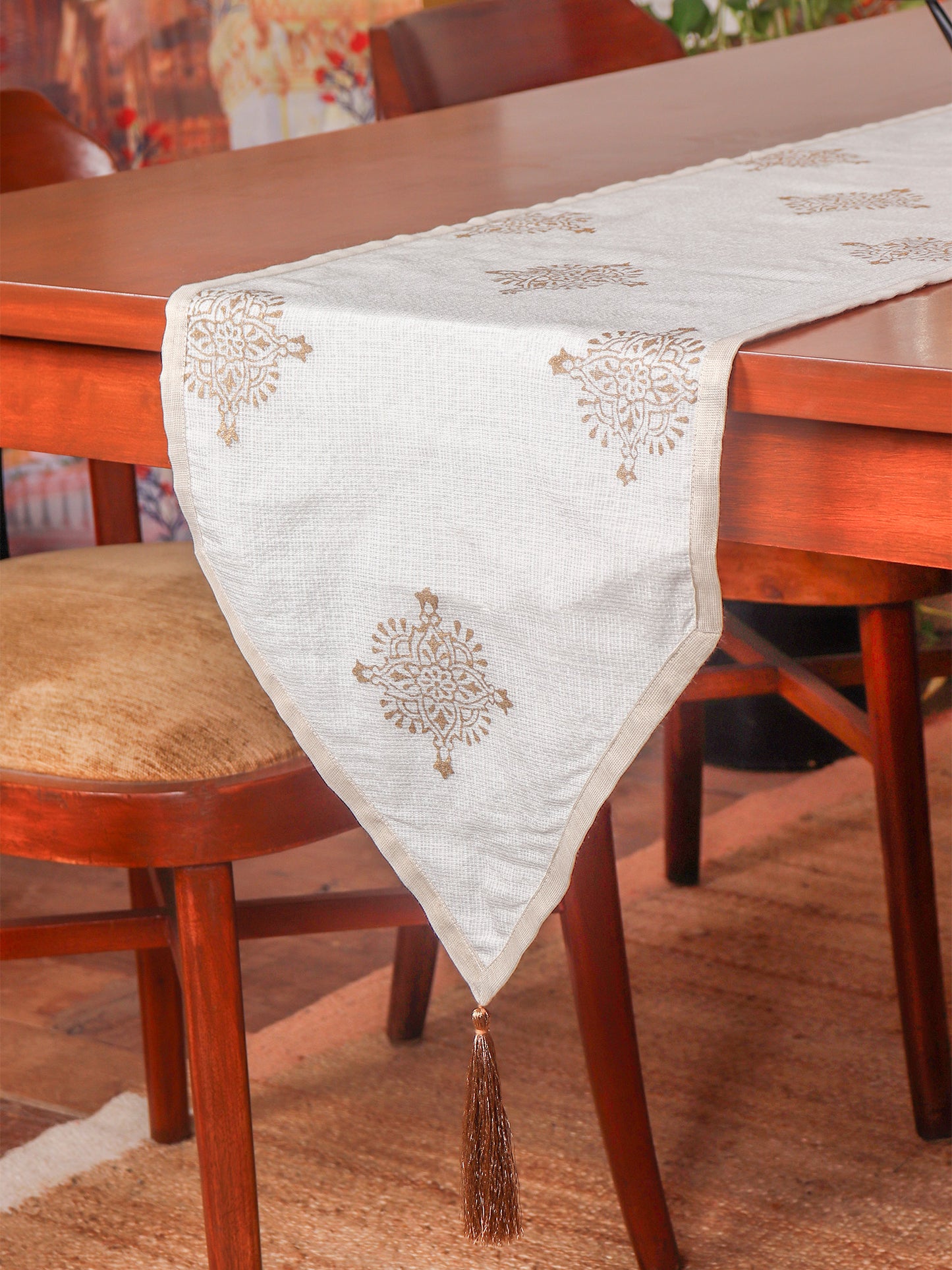 Brocade Silk Table Runner with Golden Block Print and Golden Tassles | Off White - 12in X 84in