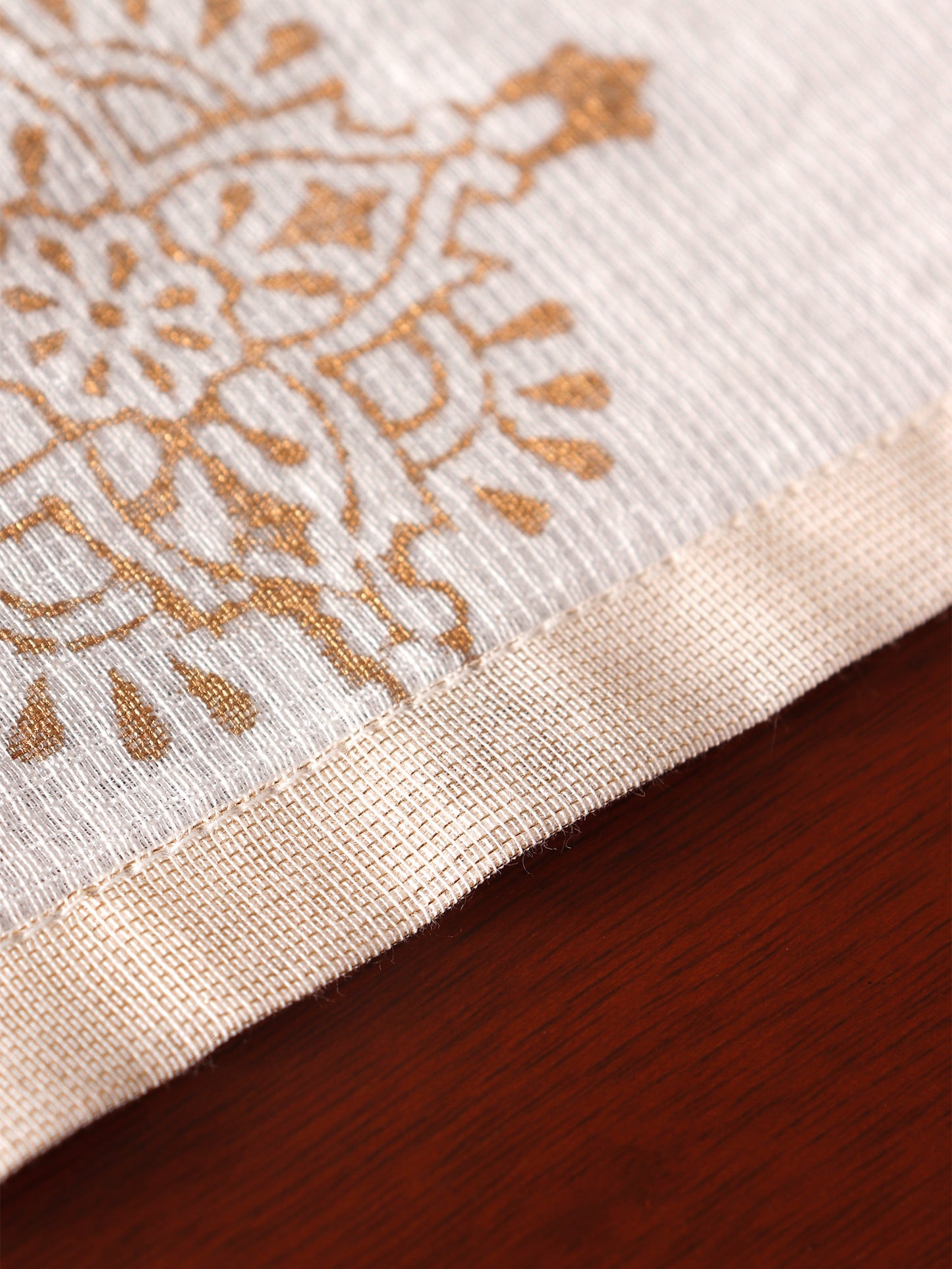 Brocade Silk Table Runner with Golden Block Print and Golden Tassles | Off White - 12in X 84in