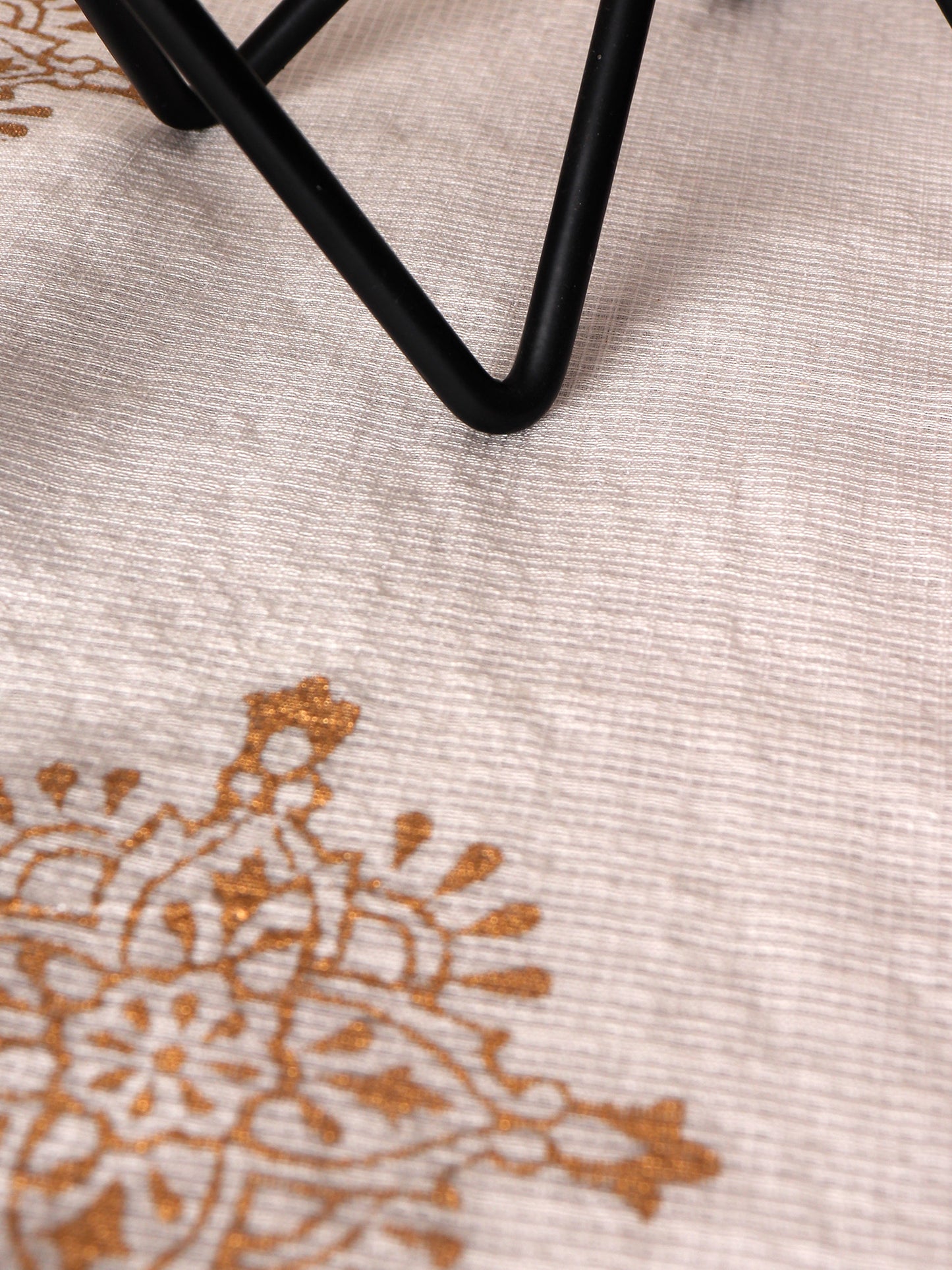 Brocade Silk Table Runner with Golden Block Print and Golden Tassles | Off White - 12in X 84in